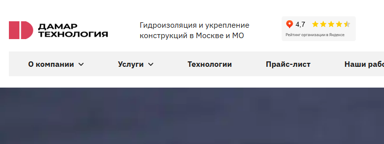 Шапка сайта Дамар Технология: логотип, слоган и рейтинг 4,7 в Яндексе